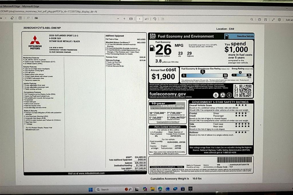 2026 Mitsubishi Outlander Sport 2.0 S